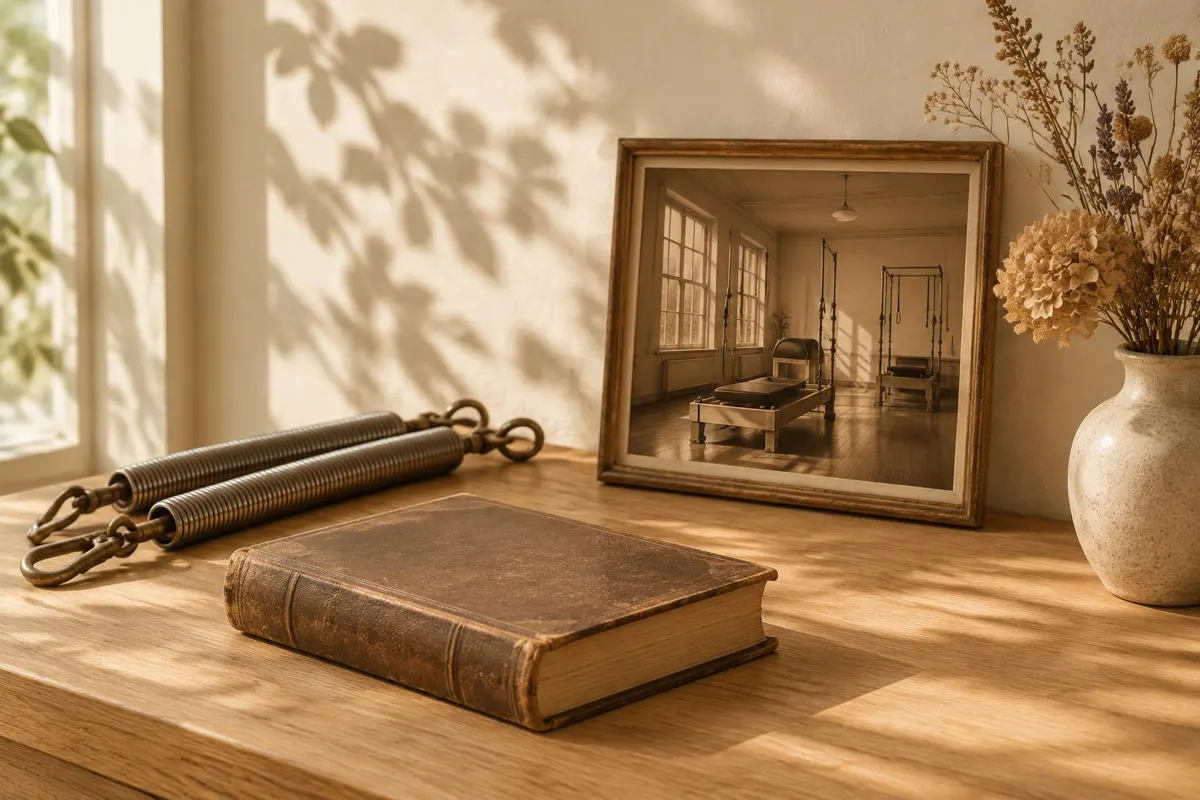 Eski kitap, pilates yayları ve sepya stüdyo fotoğrafı
